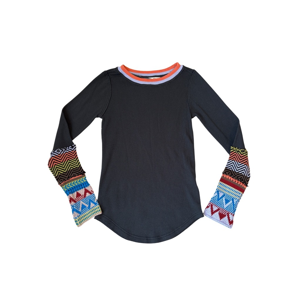 We The Free Thermal Top Women Gray Boho Fair Isle Cuff Waffle Knit SIZE Small